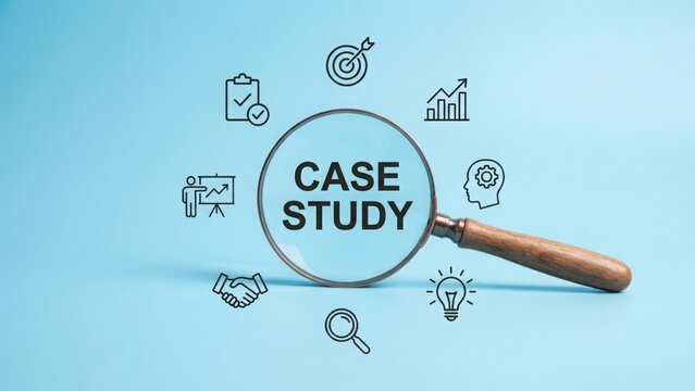 Case study text under magnifying glass with business icons on a blue background