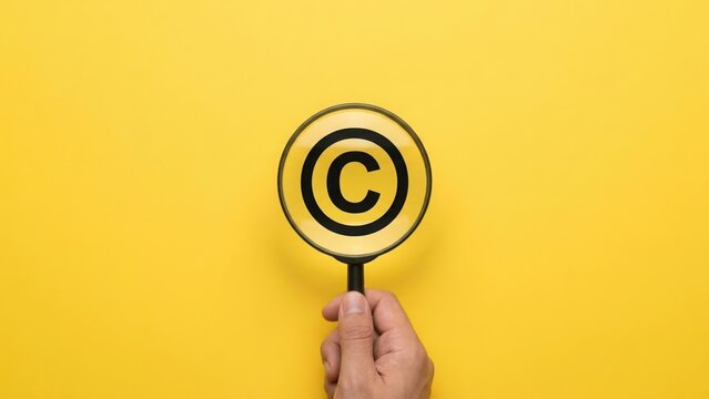 Hand holding a magnifying glass over a black copyright symbol on a yellow surface