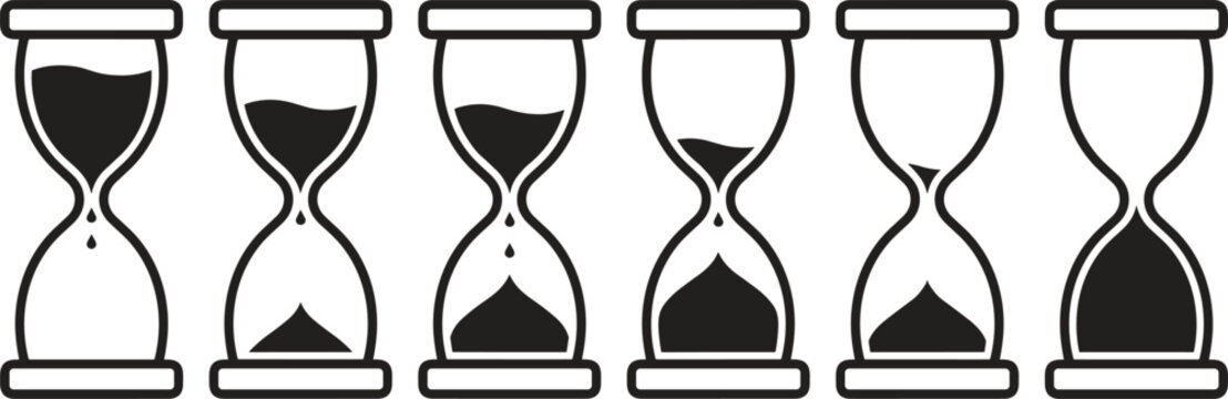 Set of six hourglass icons showing different stages of time passing