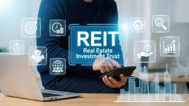 Person using a calculator with a digital reit real estate investment trust interface overlay showing financial growth and city skyline