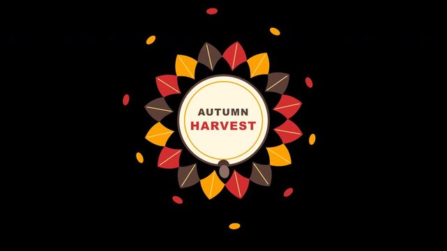 Flat autumn oak leaves fall harvest wreath a rotating leaf ring, drifting swirling leaves, and a central wooden round plate badge on a transparent background
