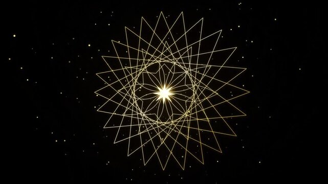 Abstract golden geometric star pattern with glowing light effect on black background