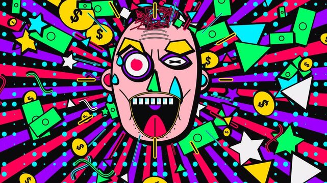 Psychedelic pop art animation of a stressed crying man head with exploding brain surrounded by floating money coins and geometric shapes on a rotating radial sunburst background