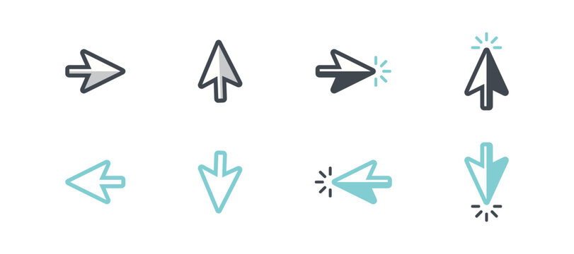 Set of hand drawn arrow icons in black and teal colors isolated on a white background
