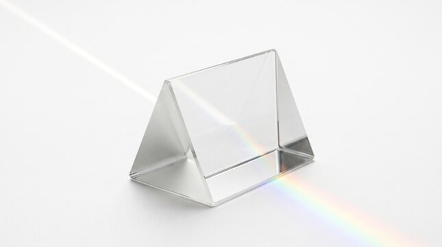 Glass triangular prism refracting white light into a rainbow spectrum