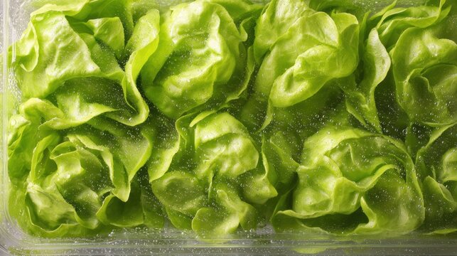 Lettuce Pack Fresh green lettuce heads tightly packed in a clear plastic container, ready for sale or consumption.