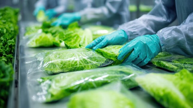 Lettuce Pack Fresh green leafy vegetables being packed in plastic bags by a worker wearing protective gloves and clothing.
