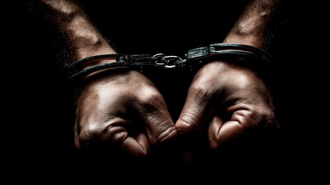 Hands are cuffed with metal handcuffs in a dark setting showing a close up of the wrists and hands with a focus on the cuffs and skin texture