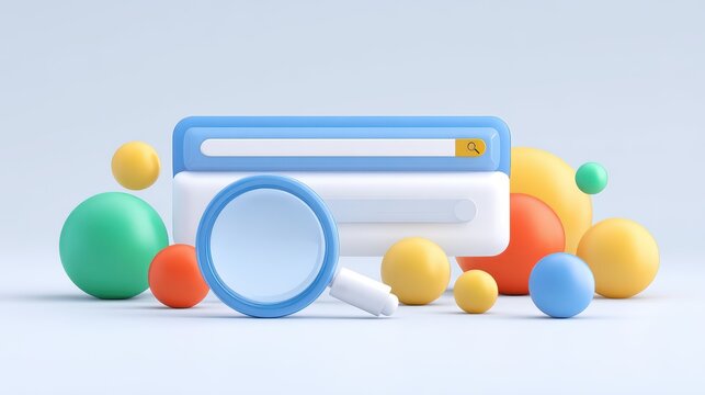 Clean minimalist search bar interface concept with colorful shapes on a white background showing modern design elements