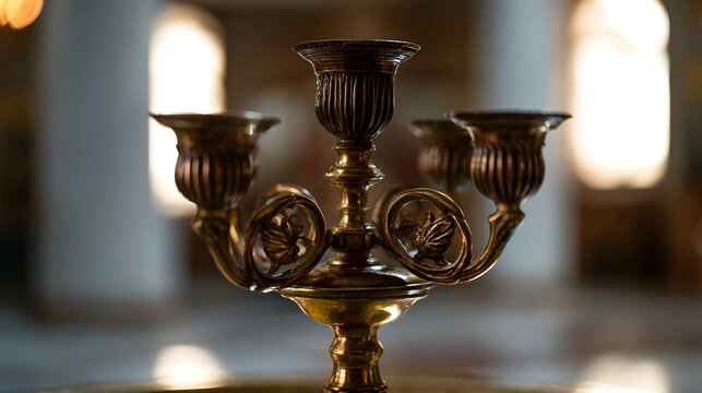 A polished ornate candlestick with multiple arms and decorative scrollwork  set against a softly lit architectural background