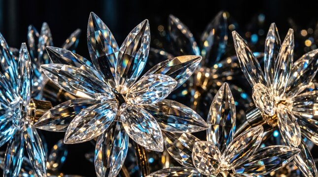 Crystal flower ornament, reflective metallic decoration, blue background with sparkle