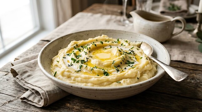Creamy Mashed Potatoes Topped with Melted Butter and Fresh Chives in a Ceramic Bowl