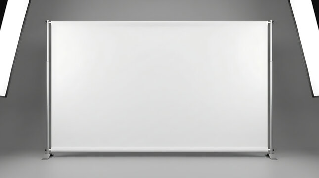 Blank White Step And Repeat Banner Stand Mockup In Exhibition Hall With Studio Lighting