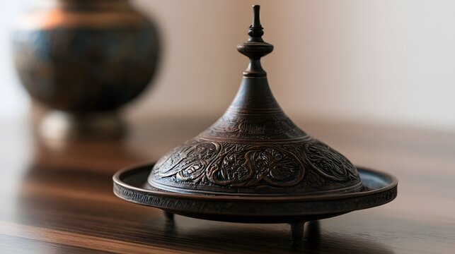 An ornate  dark toned ceremonial vessel with intricate patterns rests on a wooden surface  featuring a conical lid and decorative base