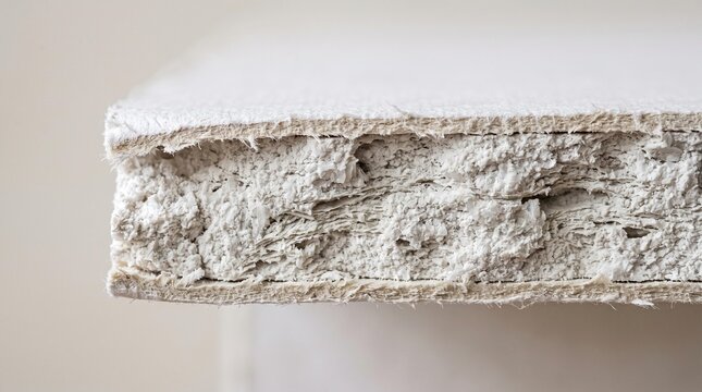Close-up of gypsum board edge revealing its fibrous plaster core texture