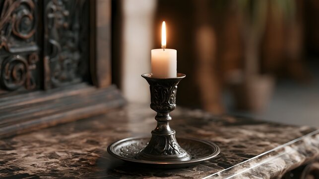 A single lit candle in an ornate metal holder rests on a marble surface  with carved wooden details in the background
