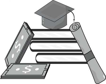 Monochrome vector illustration of graduation cap, diploma scroll, books, and money bills representing education costs and expenses