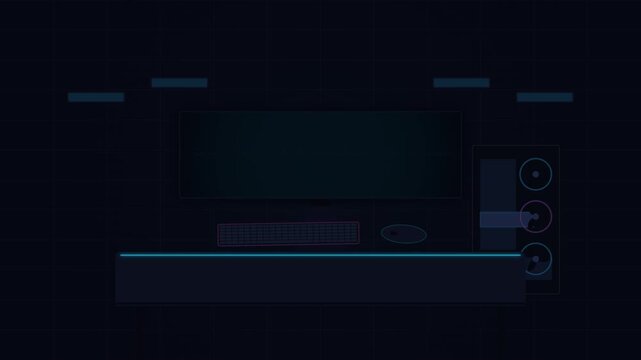 Futuristic cyberpunk gaming room with an ultrawide monitor, gaming workstation, illuminated keyboard, computer tower and synchronized ambient lighting activating in a seamless cinematic loop. Generic