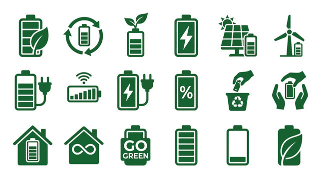 Set of green battery and eco friendly energy icons featuring power symbols, renewable technology, and recycling concepts for sustainable design