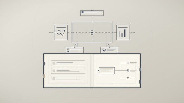 Premium commercial animation of a clearly recognizable physical business reference book opening on a professional desk and transforming into a structured business strategy blueprint, symbolizing strat