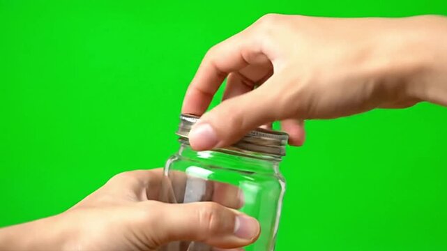 Hands opening glass jar lid against green screen background motion video footage clip