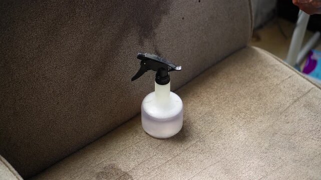 A white spray bottle with black trigger sits on a beige fabric couch, showing a wet spot from recent cleaning, capturing a practical household cleaning moment in a cozy living room setting.