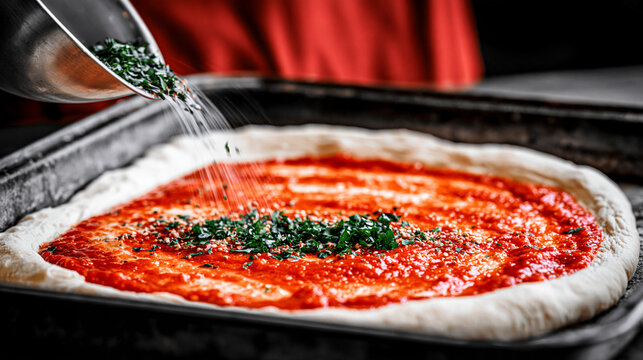 Hand sprinkling chopped green herbs over a fresh pizza base with tomato sauce