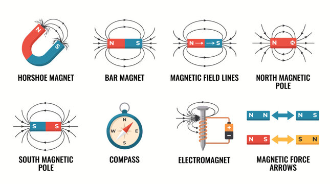 Educational vector graphic set displaying magnetic field lines horseshoe bar magnets compass and electromagnet concepts with clear labels