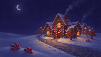 Fototapeta premium Christmas gingerbread houses on wooden table with bokeh background.. Pastries in the form of houses. Festive scene with holiday pastries. Christmas and New Year background.created with generative ai