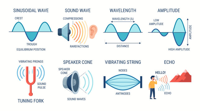 Educational vector illustration explaining physical properties of sound waves including sinusoidal waves wavelength amplitude and echo physics concepts