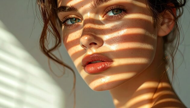 Close-up portrait of a young woman with natural freckles, illuminated by dramatic striped sunlight and shadow creating an artistic, sensual mood.