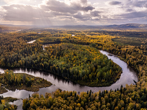 Aerial view of Chena River winding through a dense forest with autumn foliage under a cloudy sky in Chena, Alaska, United States.