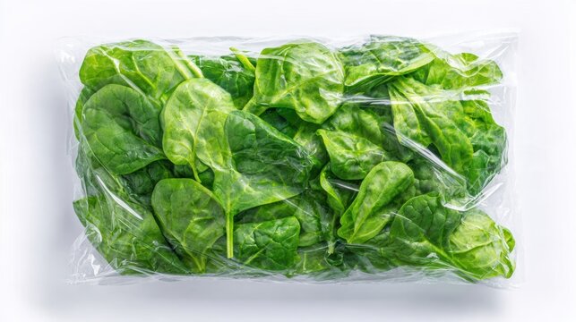Spinach Pack Fresh spinach leaves packaged in clear plastic wrap on a white surface.