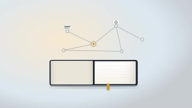 Motion Graphics Animation of Open Notebook with Floating Network Nodes and Infographic Icons