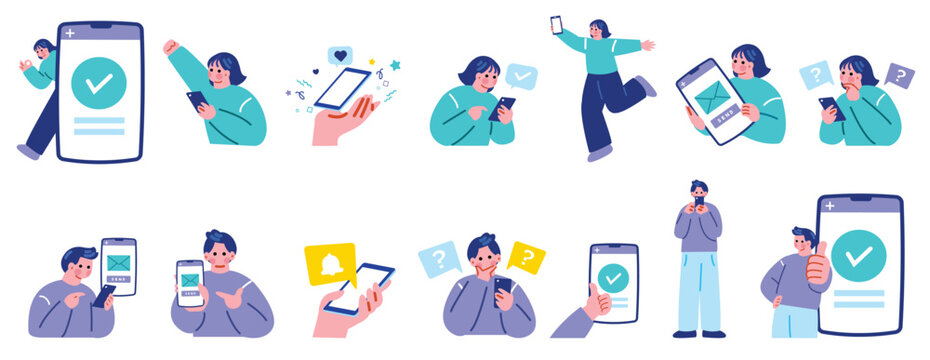 スマホを操作する人々のイラストセット