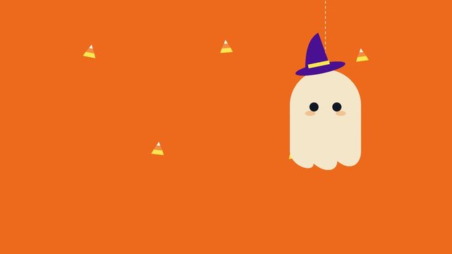 Ghost Wearing Witch Hat Floating with Candy Corn Background for Halloween Motion Graphic