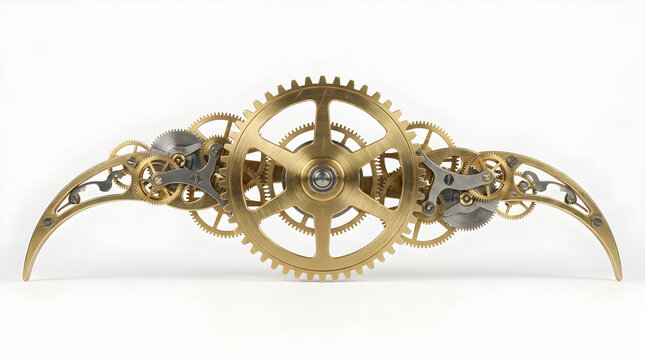 Vintage brass clockwork mechanism, intricate golden gears and cogs, mechanical steampunk watch movement isolated on white background