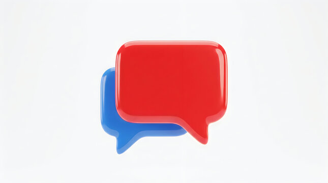 Colorful three dimensional speech bubbles in bright red and cool blue are isolated on a spotless white backdrop symbolizing communication and meaningful