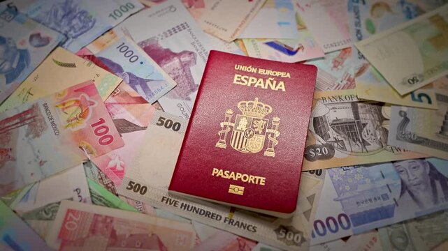 Spanish Passport With International Banknotes