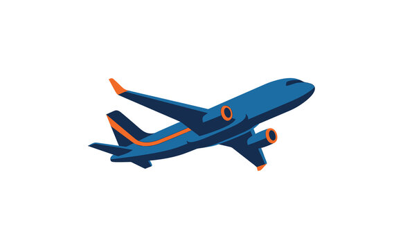 Modern blue airplane flying upwards with orange accents in flat vector style