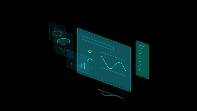 Abstract digital interface with data visualization charts and graphs on a dark background