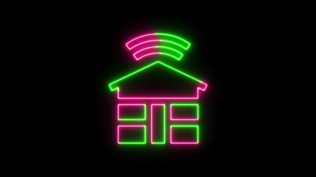 Neon glowing smart home icon with wifi signal representing modern wireless house technology
