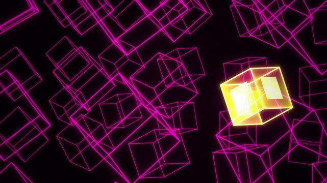 Abstract background with glowing neon pink wireframe cubes and one bright yellow cube