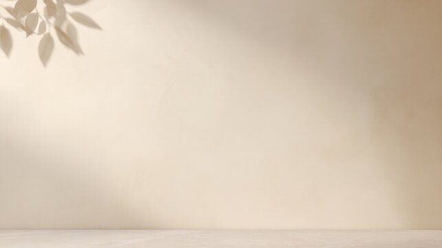 Ultra minimal warm neutral background with smooth ivory-beige wall, soft sunlight, faint blurred leaf shadows, clean empty space, modern editorial layout, calm refined mood.