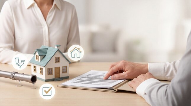 People reviewing home maintenance contract with miniature house and leaking pipe model on table with metal pipe digital