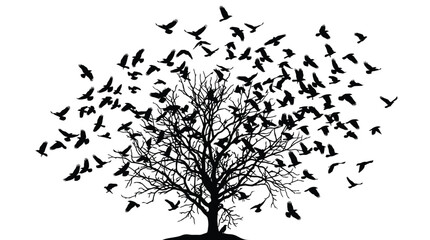 Obraz premium Detailed vector illustration of stark winter tree silhouette surrounded by dynamic flocking black birds flying gracefully upward