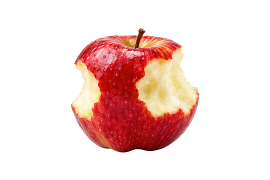 Fresh red apple with multiple bite marks and visible juicy flesh, isolated on a clean white background, representing healthy eating, snacking, freshness, nutrition, and food consumption.