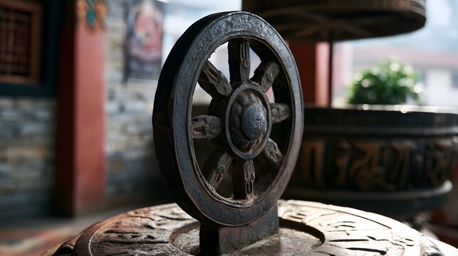 A close up of a traditional Dharma wheel sculpture  showing intricate carvings and weathered texture  set against a softly blurred temple background