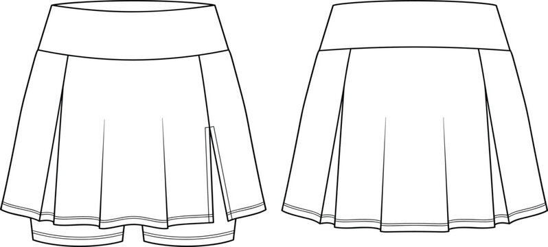 Women pleated active skort technical flat sketch fashion vector illustration template front and back view
