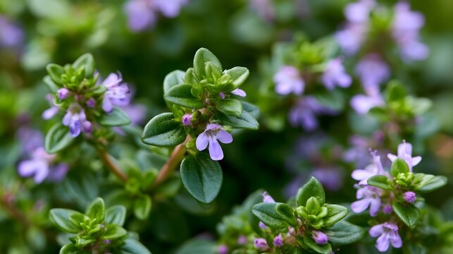 Close up of vibrant green thyme plants with delicate purple flowers in soft natural light